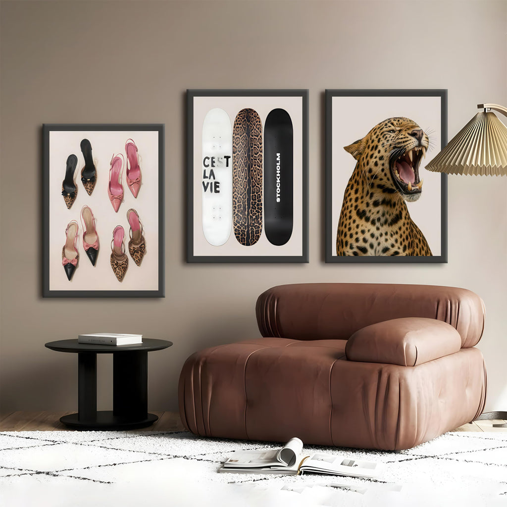 Stockholm Style 3-Piece Framed Wall Art Set - Leopard Print & Preppy Fashion Art with Heels, Skateboards & Roaring