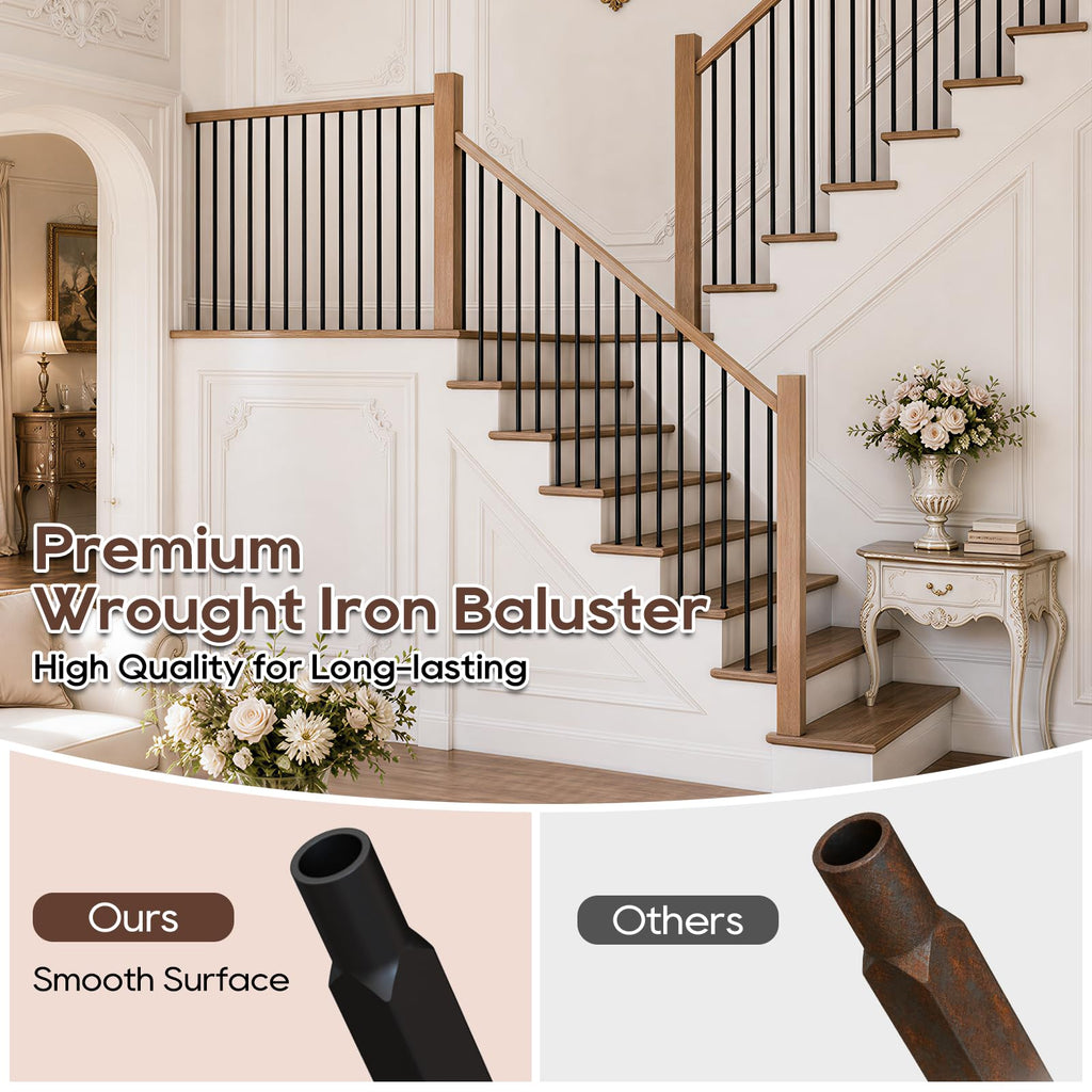 32 Pcs Wrought Iron Balusters for Staircase, 1/2" x 44" Inch Square Metal Stair Balusters for Interior Railing