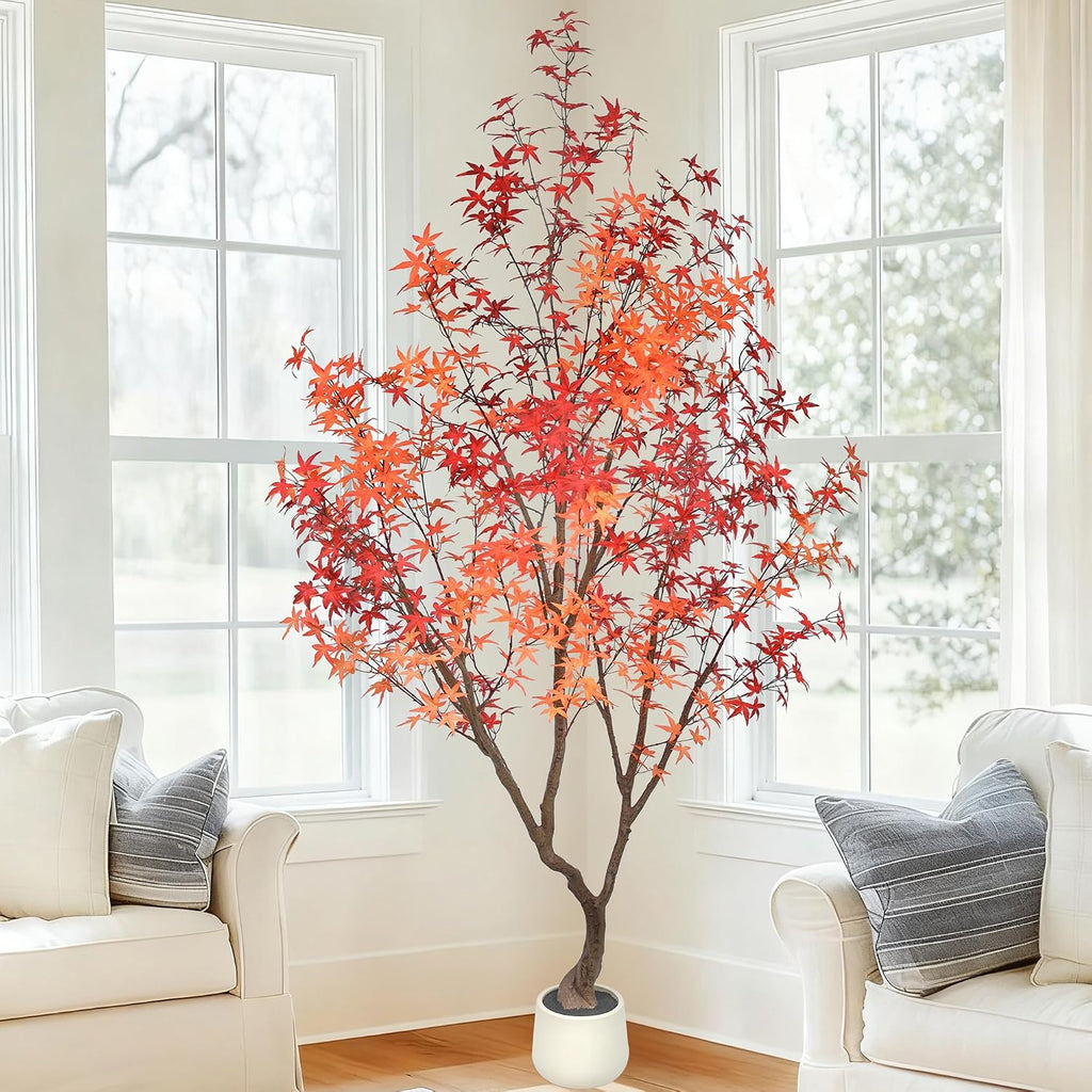 Maple Tree 9FT - Large Faux Plant Indoor with 900 Orange Red Leaves & Realistic Trunk, 108" Tall Fake Autumn Maple
