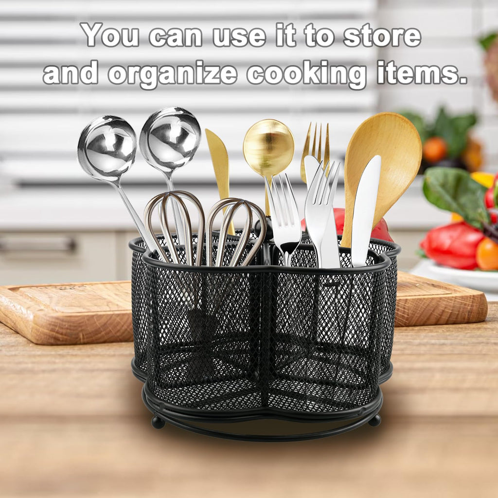 360° Rotating Silverware Utensil Caddy Holder, 5 Compartments, Black