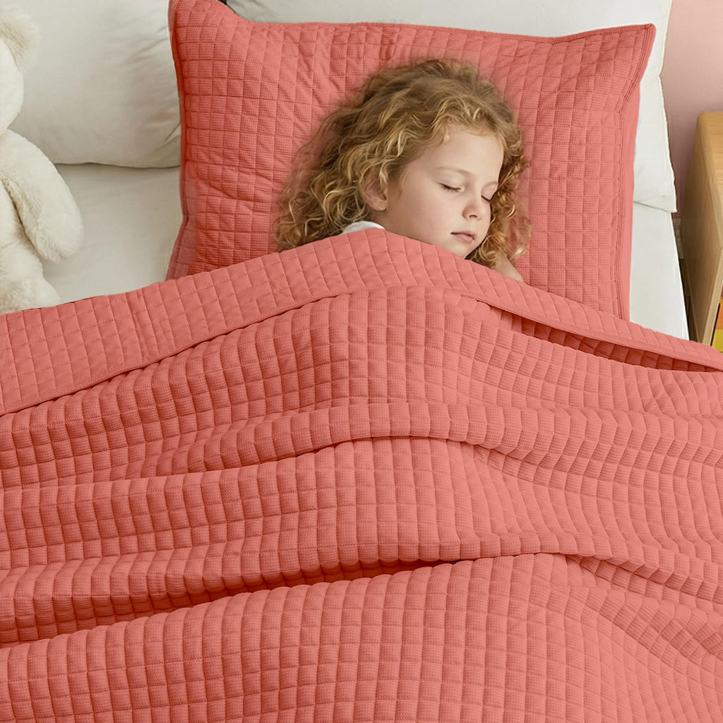 2 Piece Waffle Weave Quilt Set, Coral Lightweight Bedspread Coverlet for All Season, Ultra Soft Microfiber