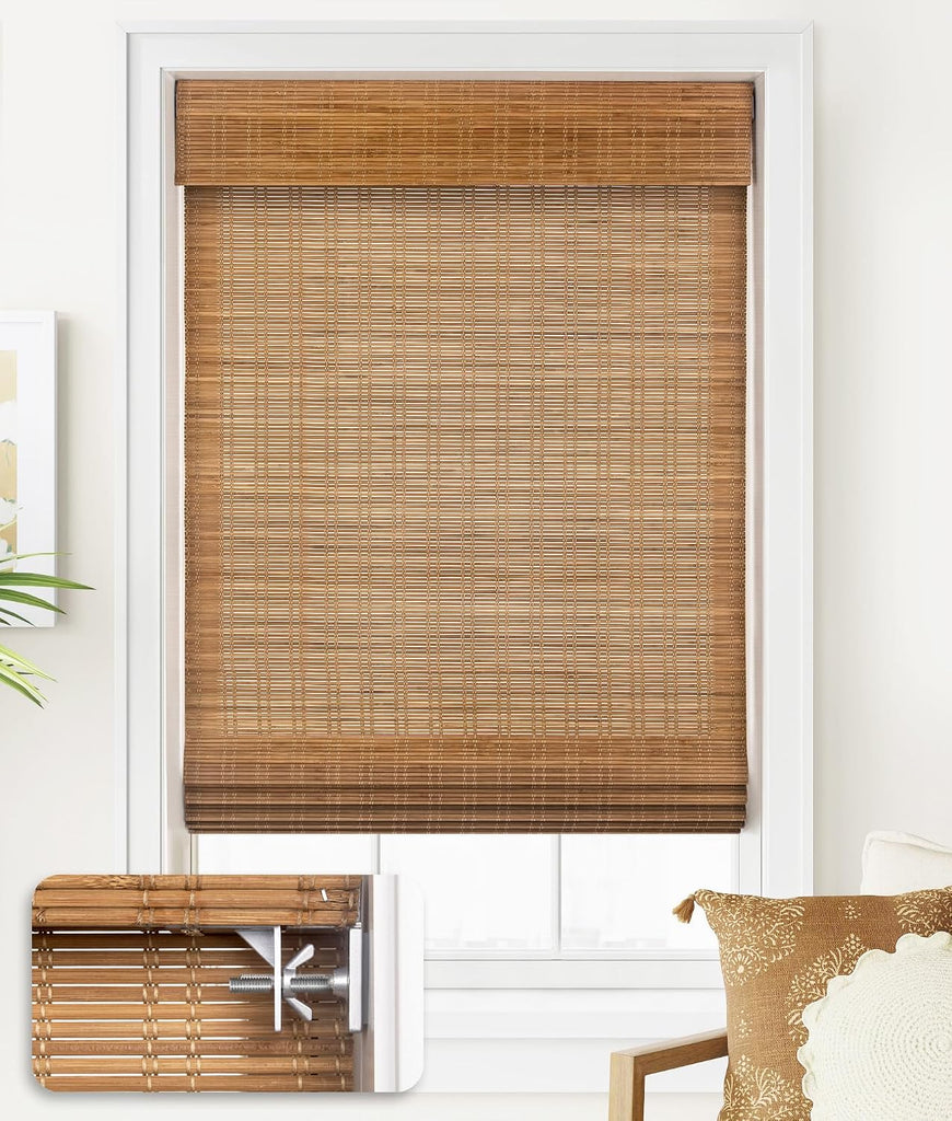 No Drill Bamboo Roman Shades, 34x64, Ceylon Light Russet | Light Filtering Window Treatment, No Tools Cordless Roll