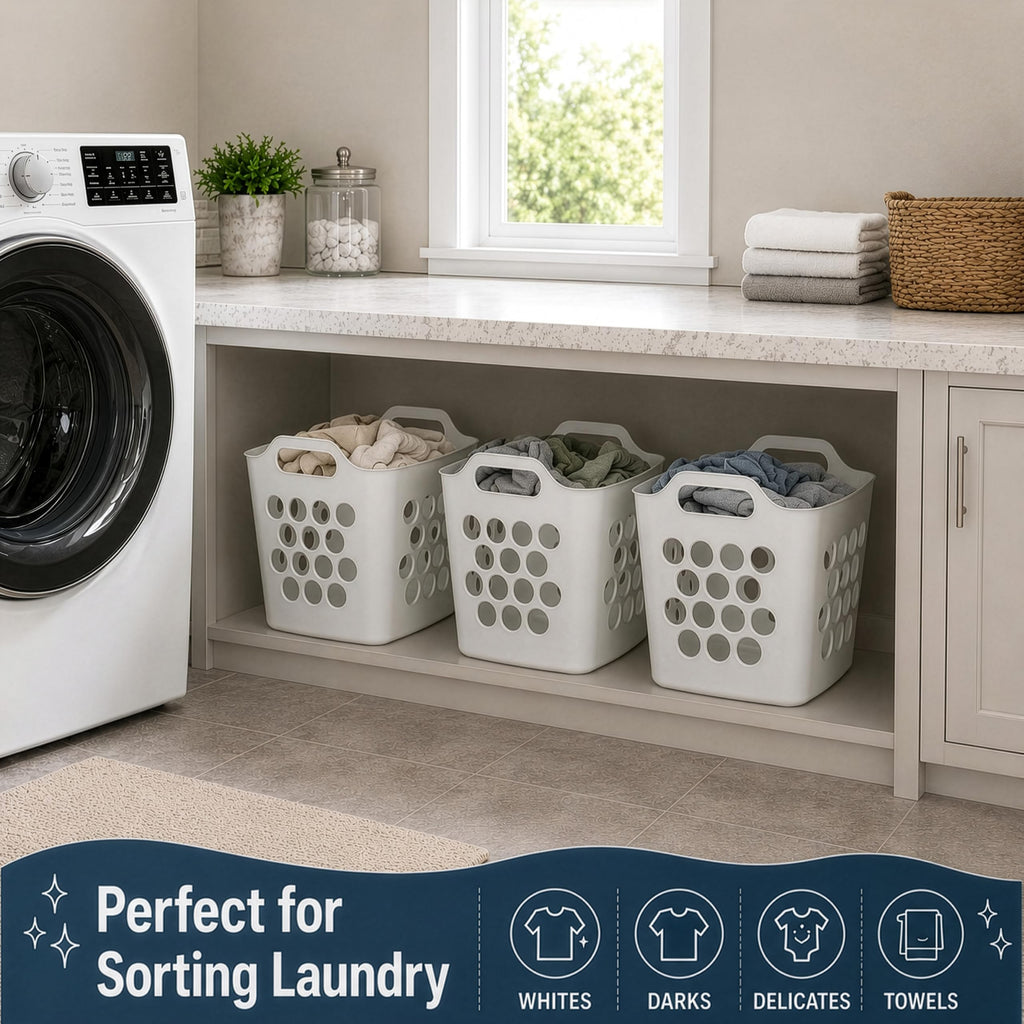 Set of 3 Flexible Plastic Laundry Baskets with Side Handles Lightweight & Spacious Design Durable Household Clothes