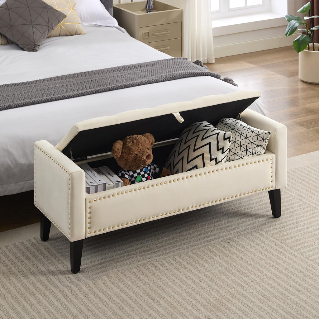 47" Velvet Storage Bench, Upholstered Bed Bench with Storage, End of Bed Ottoman with Wooden Legs, Bedside Storage