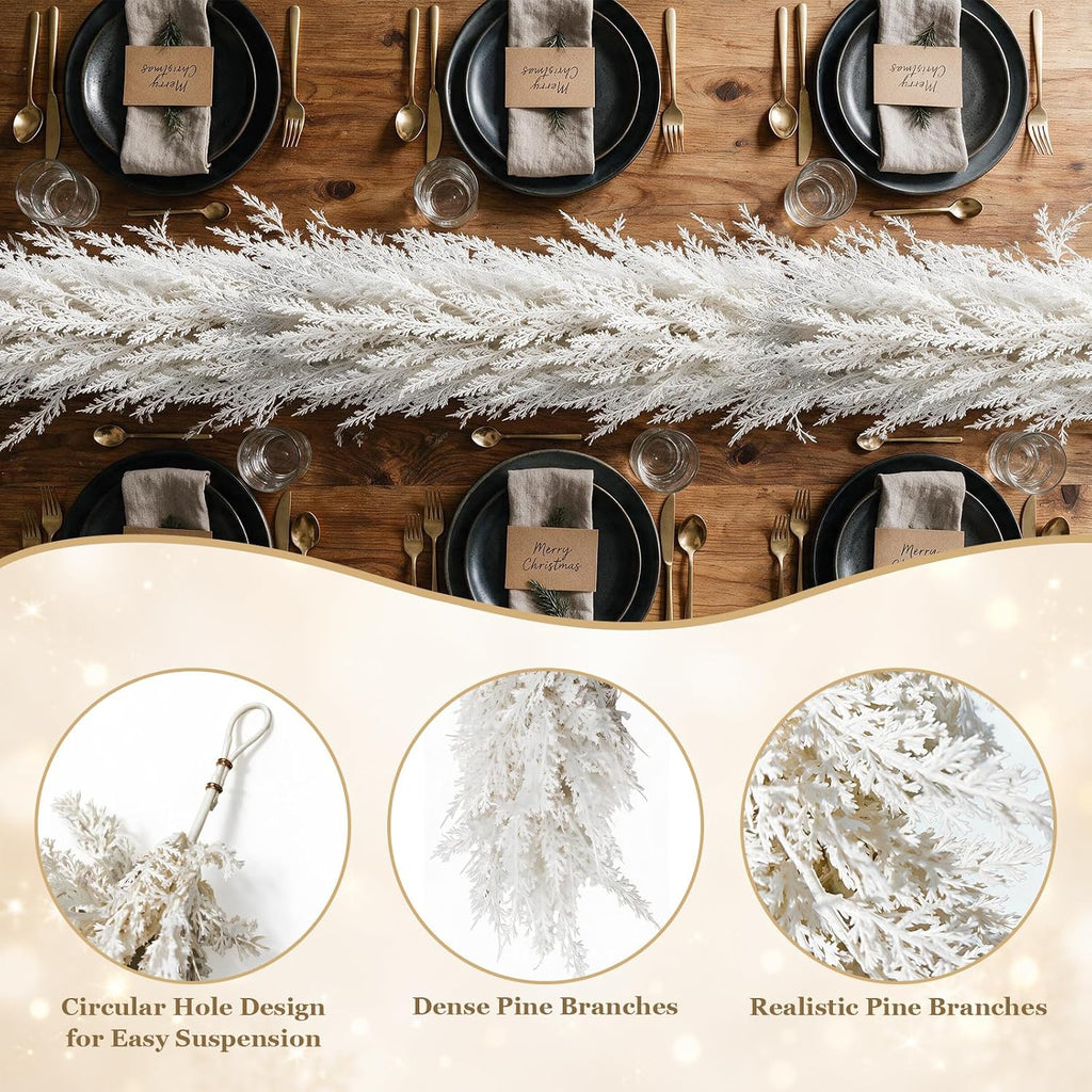 12FT White Christmas Cedar Garland, Realistic Artificial Garland, Winter Snowy Xmas Decorations Indoor Outdoor, Faux