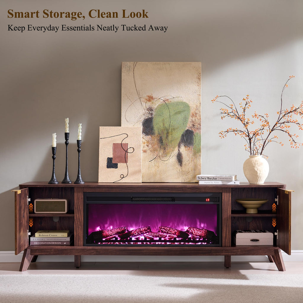 70" Fluted Fireplace TV Stand with 36" Electric Fireplace, Dark Walnut