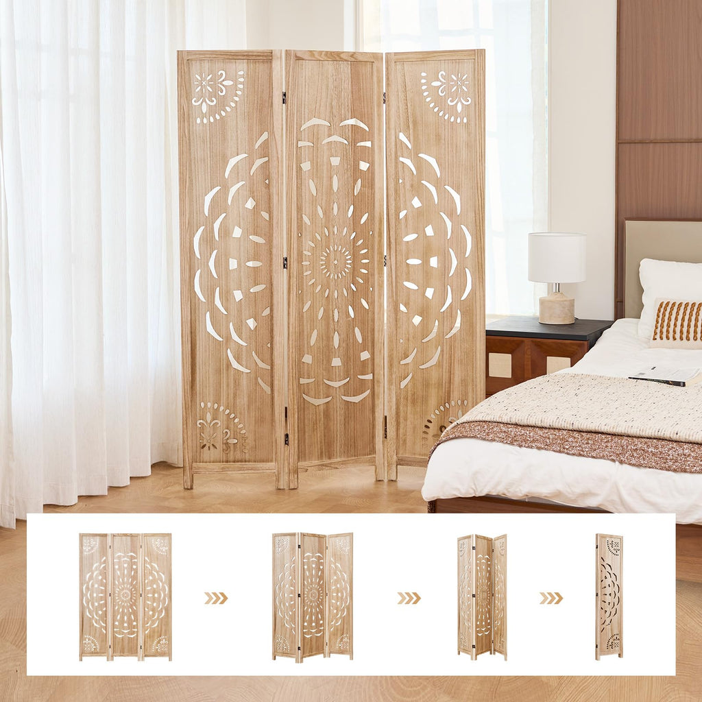 66.9Inch Wooden Room Partition - 3 Panels Boho-Styled Space Room Divider /Office, Headboard & Yoga/Photo/Video Call