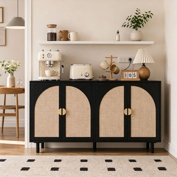 Black Sideboard Buffet Cabinet, 4-Door Rattan Storage Cabinet, Coffee Bar with Adjustable Shelf, Accent Furniture