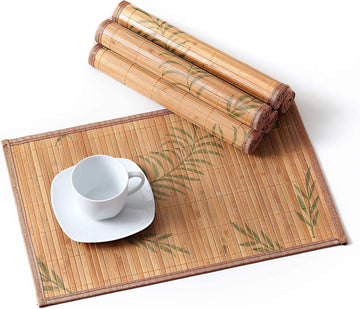 Placemats, Bamboo Table Mats Set with Leaf Pattern, 18'' × 12'' Woven Placemat, Washable Heat-Resistant - Set of 6