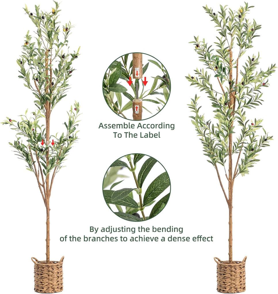 6ft Artificial Olive Tree with LED Fairy Lights, Tall Faux Potted Plant with Woven Basket - Natural Wooden Trunk &