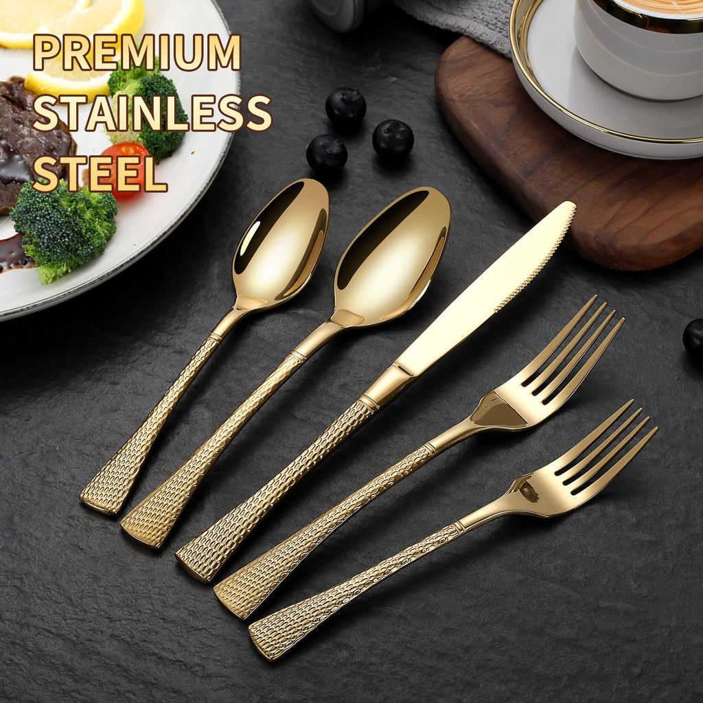 Hammered Gold Silverware Set,20 Piece Modern Flatware Set Service for 4,Mirror Polished Stainless Steel Cutlery Set