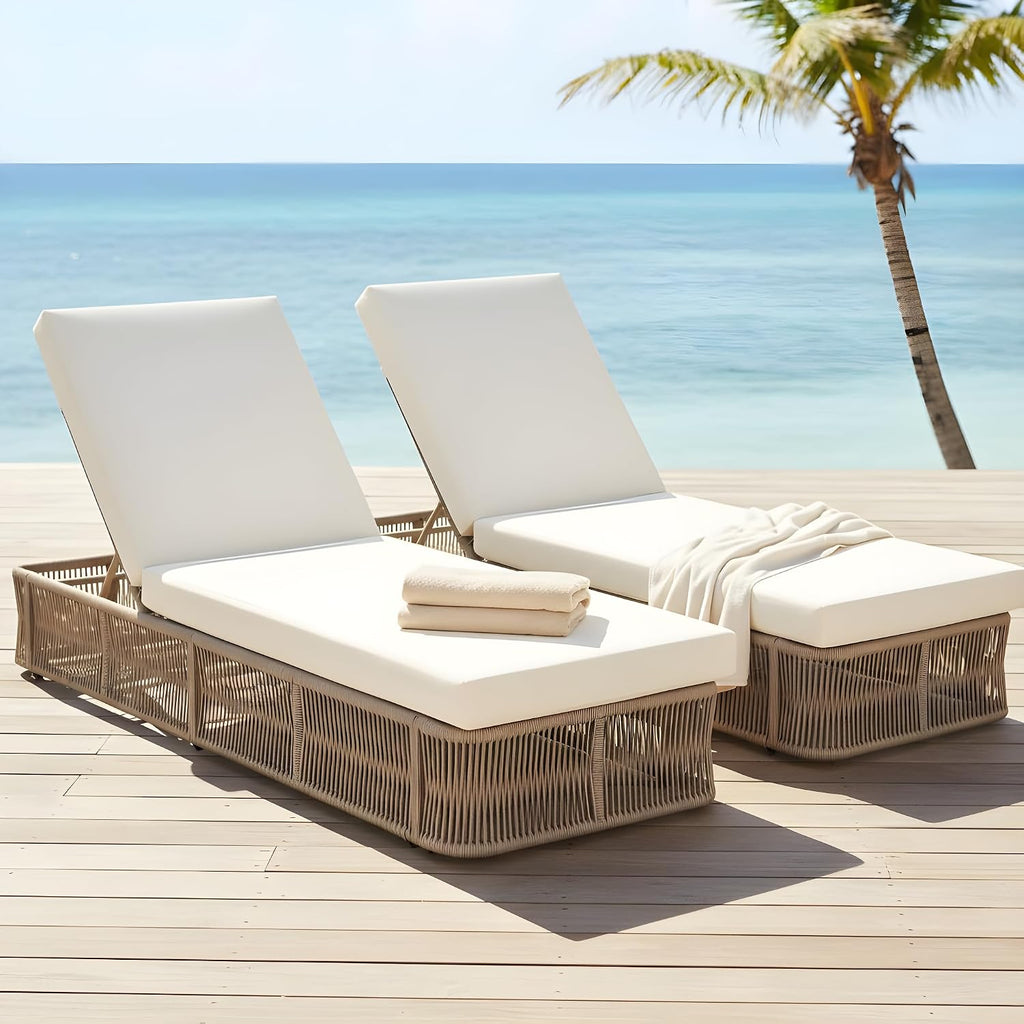 2-Pieces Outdoor Chaise Lounge Chair Set - Adjustable Woven Rope Sun Lounger with 5-Position Backrest (Frame Only)