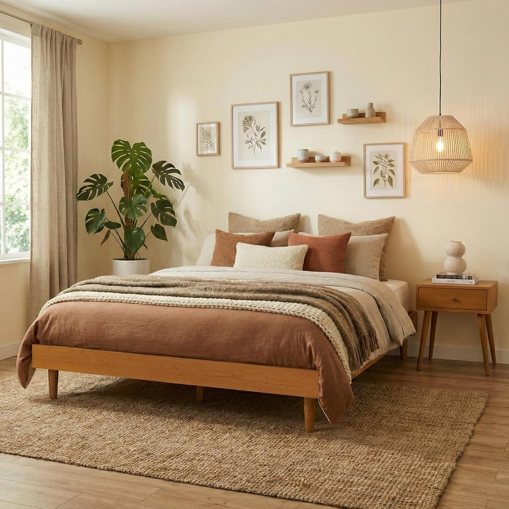 Fly Wooden Bed Frame Without Headboard, Solid Oak and Rubber Wood Foundation with Silent Slats and Wood Central
