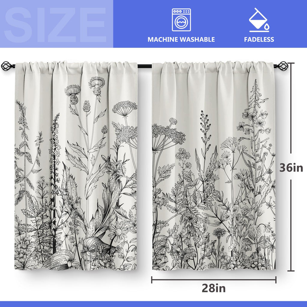 Flower Leaves Kitchen Curtains - Grey Floral Spring Rustic Plant Botanical Cafe Farmhouse Small Short Curtains Living