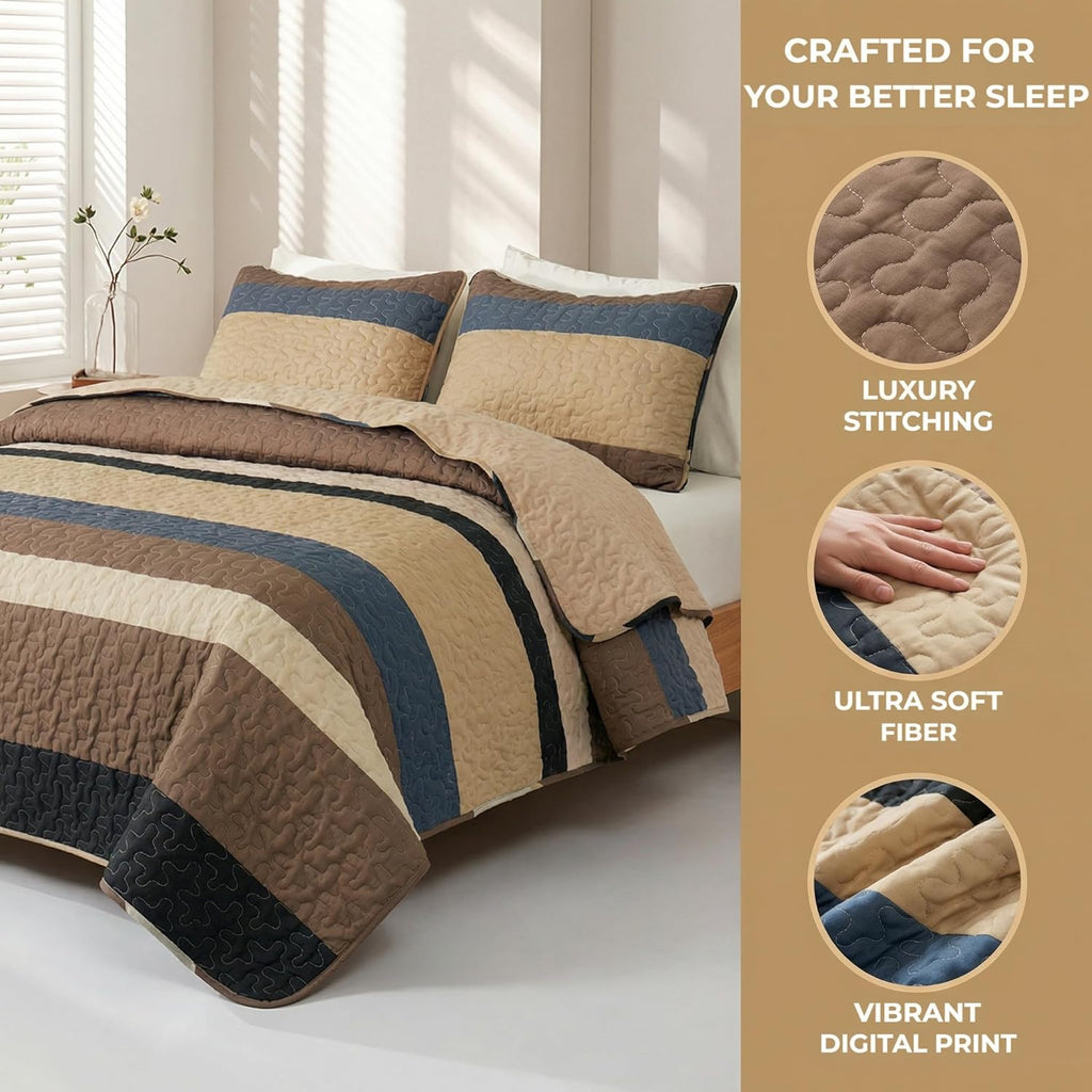 Full Queen Quilt Set - Reversible Camel Quilts Queen with 2 Pillow Shams, Lightweight Boho Striped Bedspreads