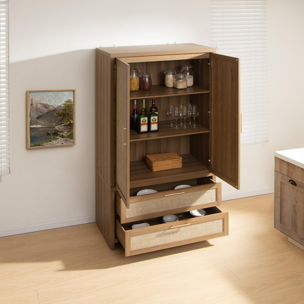 71 inch Armoire Wardrobe Closet, Rattan Boho Wardrobe with Drawers