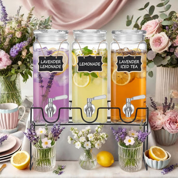 80 oz Tall Glass Drink Dispenser with Stand, Lid, Label and Stainless Steel Leakproof Spigot Beverage Water - Set of 3