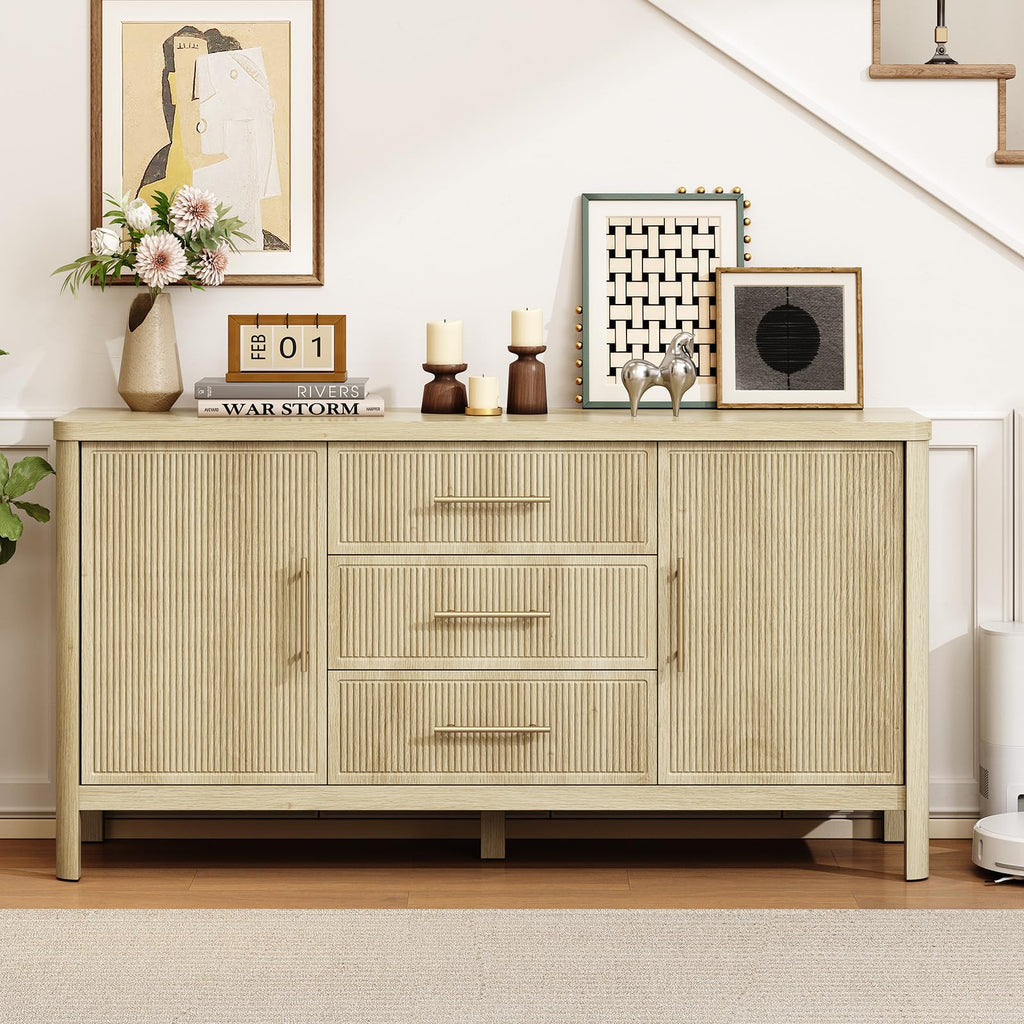 55" Sideboard Buffet Cabinet with Storage and 3 Drawers, Oak