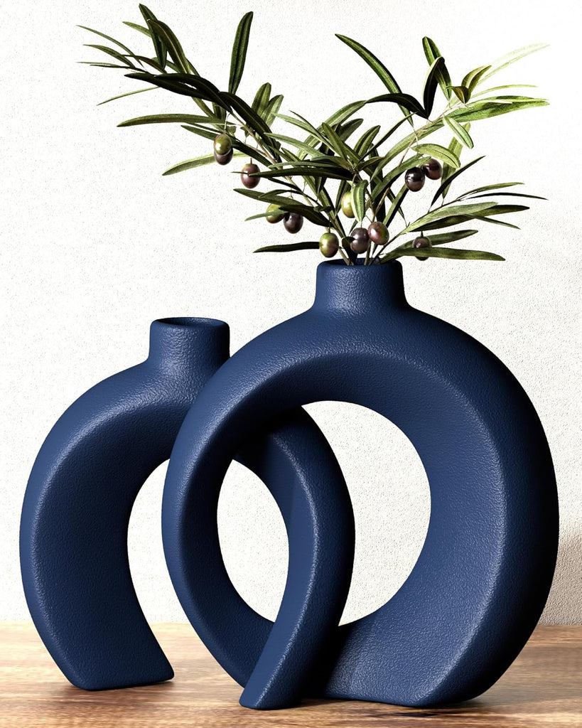 Blue Vase Set of 2 - Donut Navy Vases Home Decor, Modern Coastal Decor - Decorative Vase, Ceramic