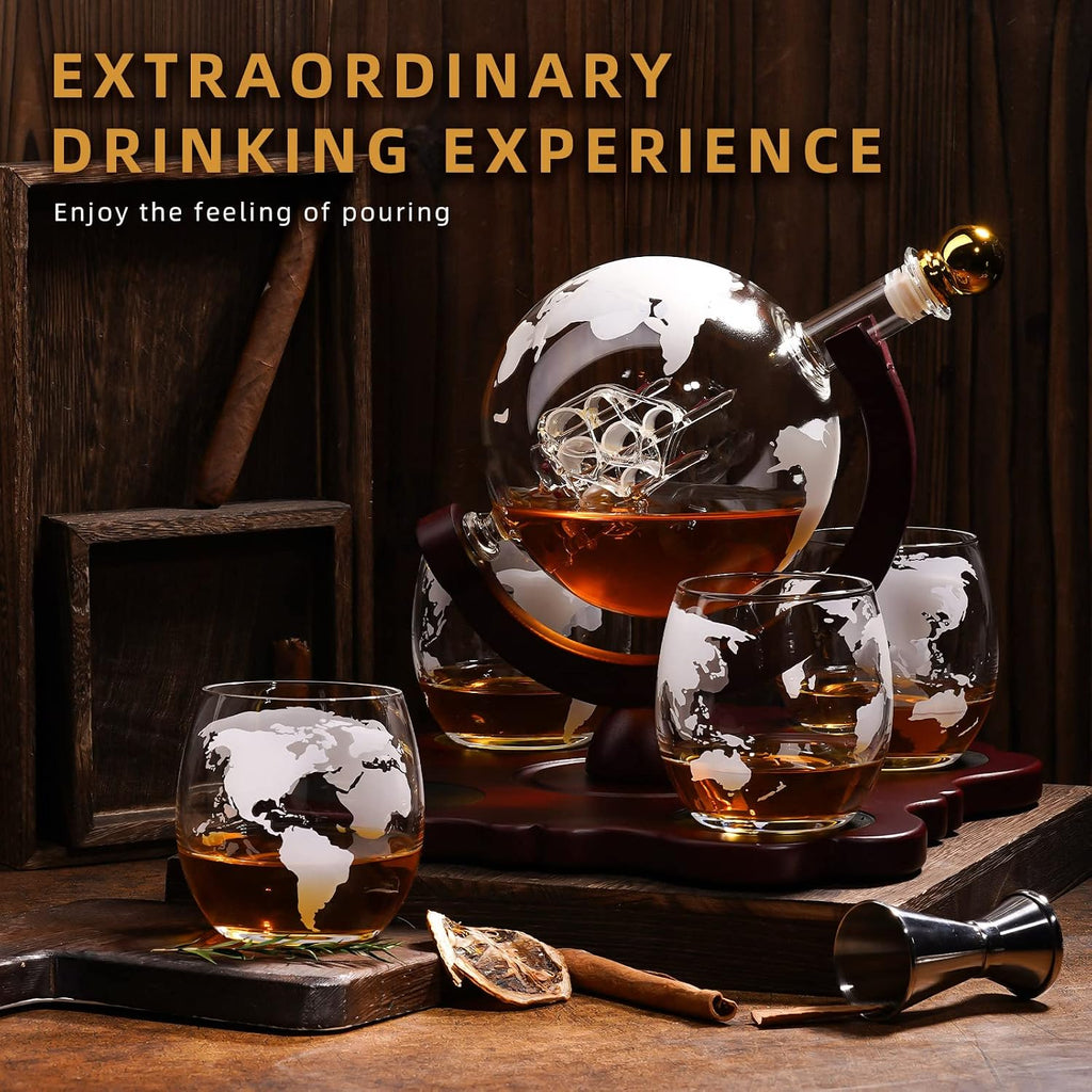 Gifts for Men Dad Husband Fathers Day, Whiskey Globr Decanter Set with 4 Etched Globe Glasses, Unique Anniversary