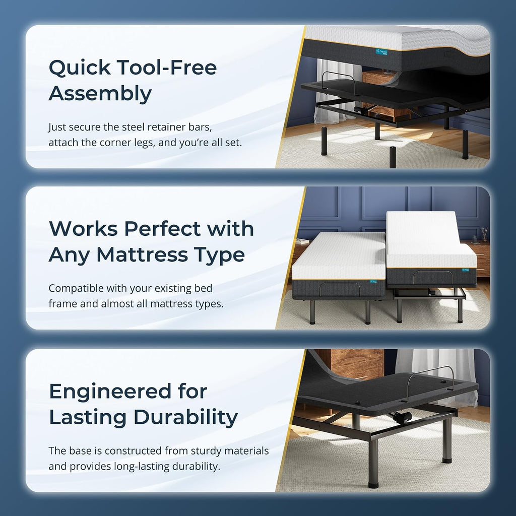 Adjustable Bed Frame Split King, Remote, Quiet Motor, Easy Assembly