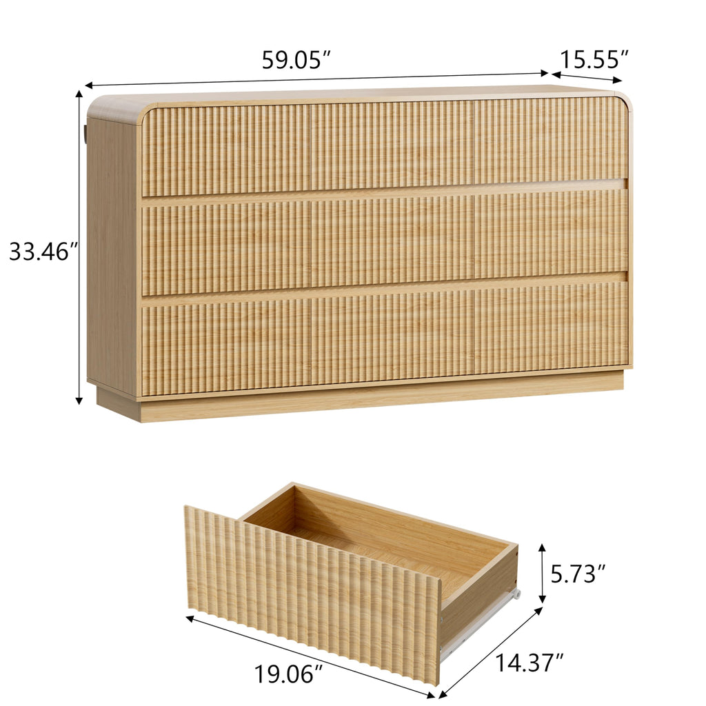 Oak Dresser Fluted 9 Drawers Dresser, 59" Wide Wood Chest of Drawers with Hidden Handles & Rounded Corners, Modern