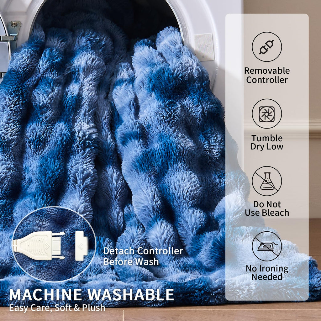 Fluffy Faux Fur Heated Blanket King Size, Tie-dye Blue, 90"x100"