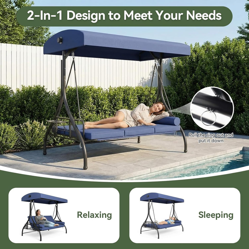 Outdoor Porch Swing with Stand and Canopy, 3 Seats Outdoor Swings for Adults, Convertible 2 in 1 Swing Bed with Cup