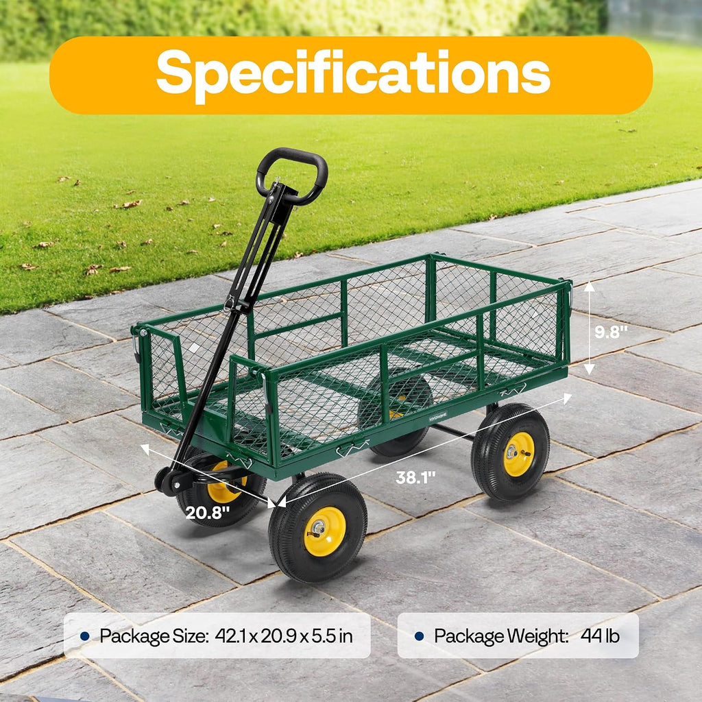 Steel Garden Cart Heavy Duty 900 LBS 4.5 Cu Ft Utility Wagon | Removable Sides, 10 inch Tire and Handle Attach to ATV