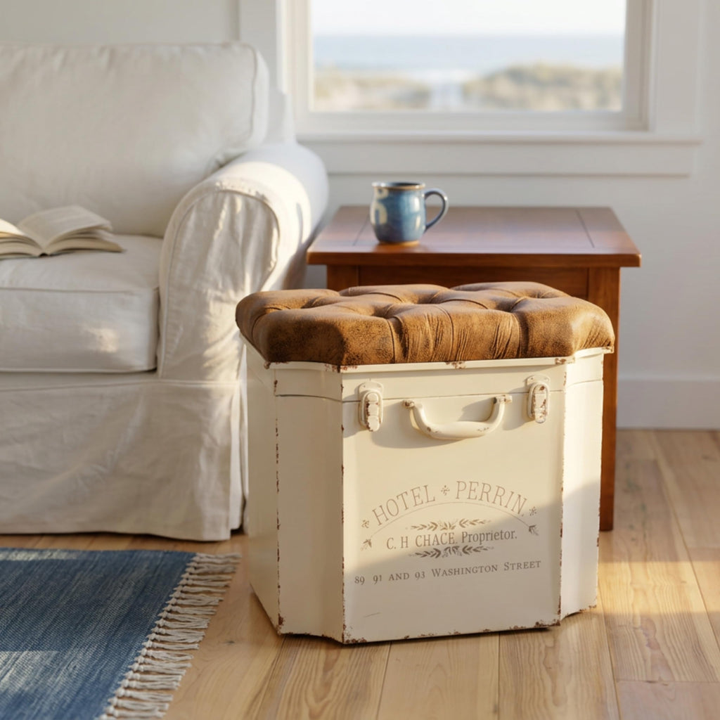Vintage Steamer Trunk Storage Ottoman, Faux Leather