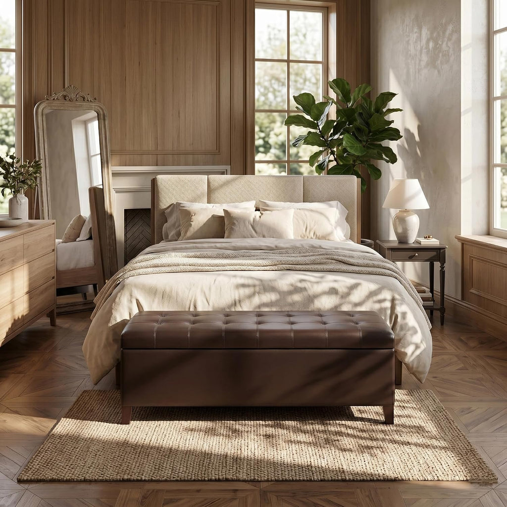 Ottoman with Storage, 51 Inch Large Ottomans Storage Bench | Faux Leather Upholstered End of Bed Bench with Hinged