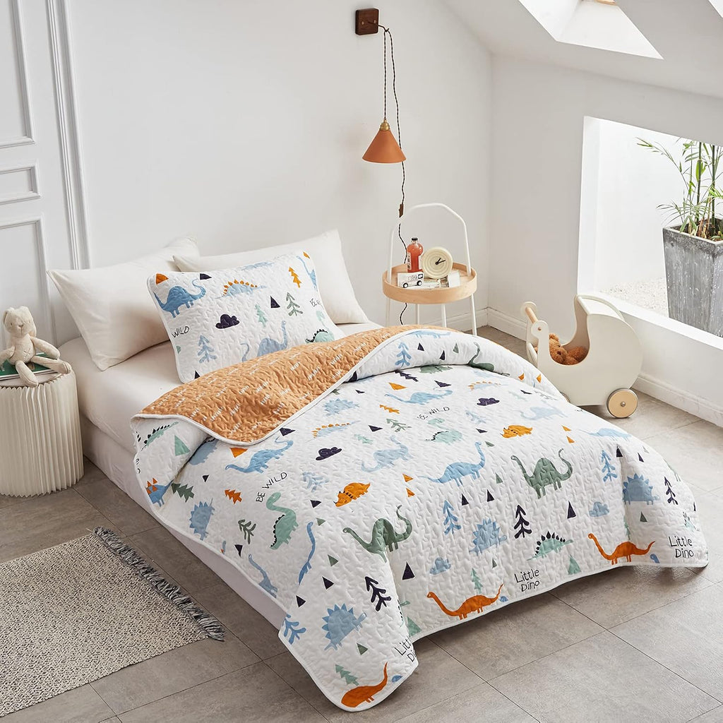 2-Piece Cotton Quilt Set Twin, Cute Dinosaur Reversible Design for Kids Boys Girls, Breathable Skin-friendly Quilt