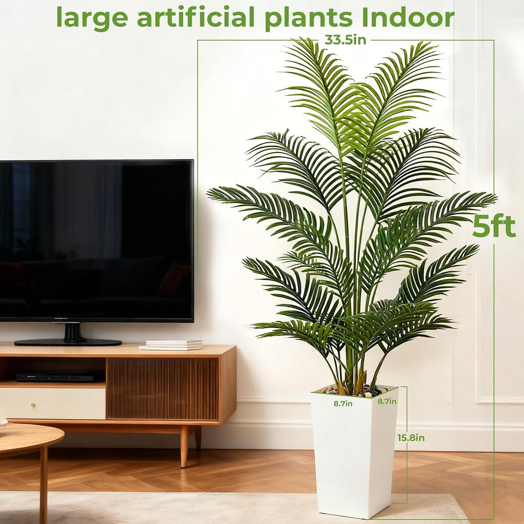 Artificial Palm Trees with Lifelike Natural Trunk, Leaves and Pebbles, 5FT Tall Fake Palm Tree with White Tall