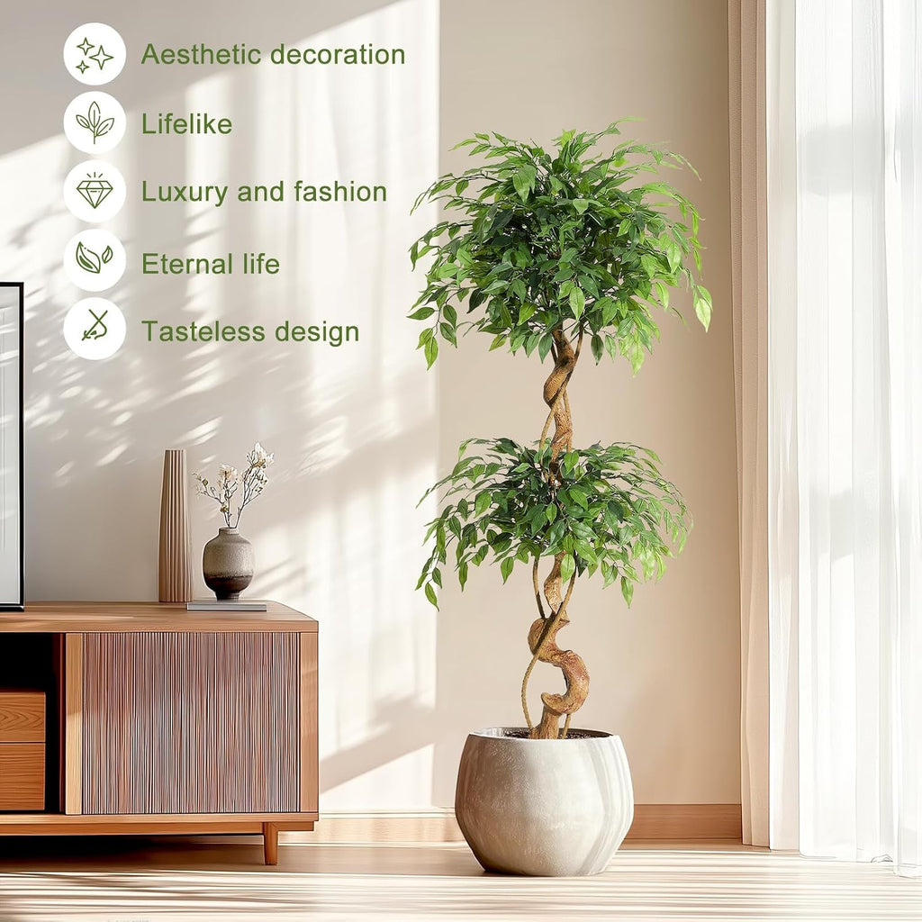 5FT Artificial Ficus Tree, 1449 Silk Leaves with Curved Natural-Look Trunk, Faux Tree in White Planter Pot with Real