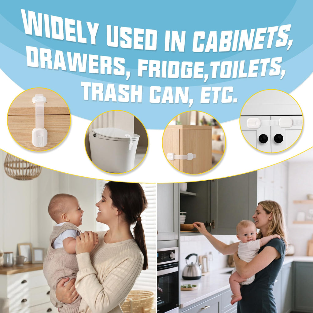 Baby Proofing Strap Locks for Cabinets and Drawers, 10 Pack, White