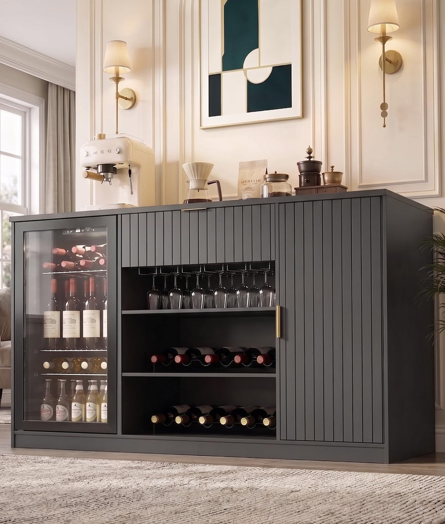 71" Coffee Bar Cabinet with 2 Fridge Space, Wine Racks & Holder