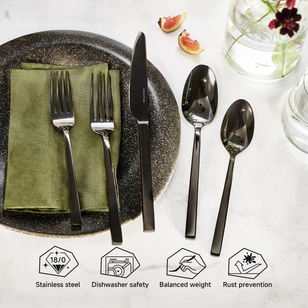 Black Silverware Set for 12, 60 Piece Flatware Set, Stainless Steel