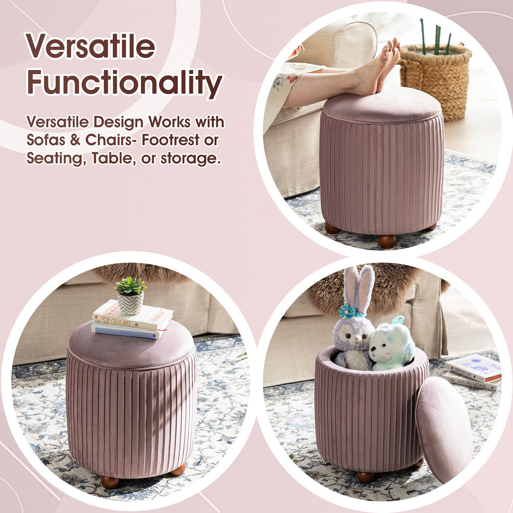 Round Ottoman with Storage Set of 2 Vanity Stool Foot Rest with Removable Lid Modern Upholstered Velvet Storage