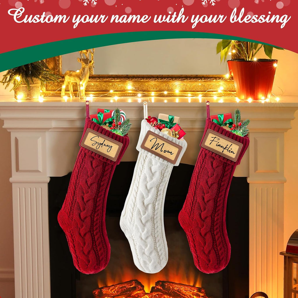 Personalized with Leather Patches Name Family Christmas Stockings, 18.5" Large Knitted Xmas Stockings - Set of 4