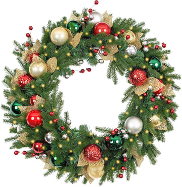 32 Inch Pre-Lit Christmas Wreath with 60 Warm White LED Lights and Timer, Battery Operated Artificial PE & PVC Wreath