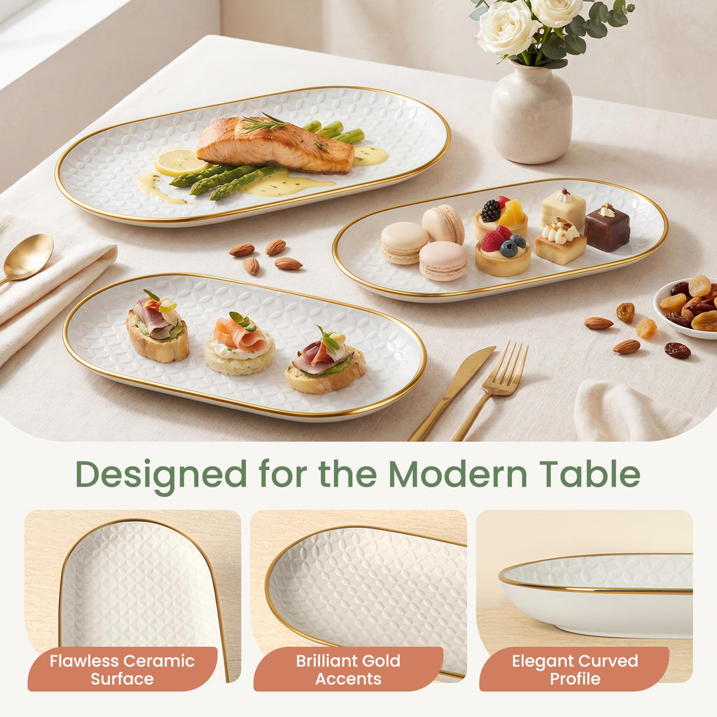 Gold Rim Ceramic Serving Platter 16"/14"/12" Decorative White Gold Serveware for Parties Entertaining Elegant Serving