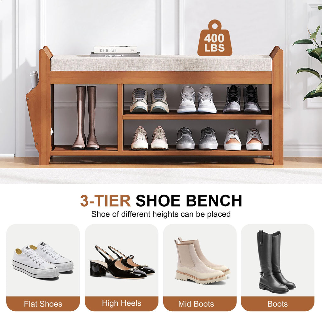 39.4" Shoe Bench with Coat Rack Hidden Drawer and Side Holder, 2 Tier Entryway Bench with Storage, Bamboo Shoe Rack