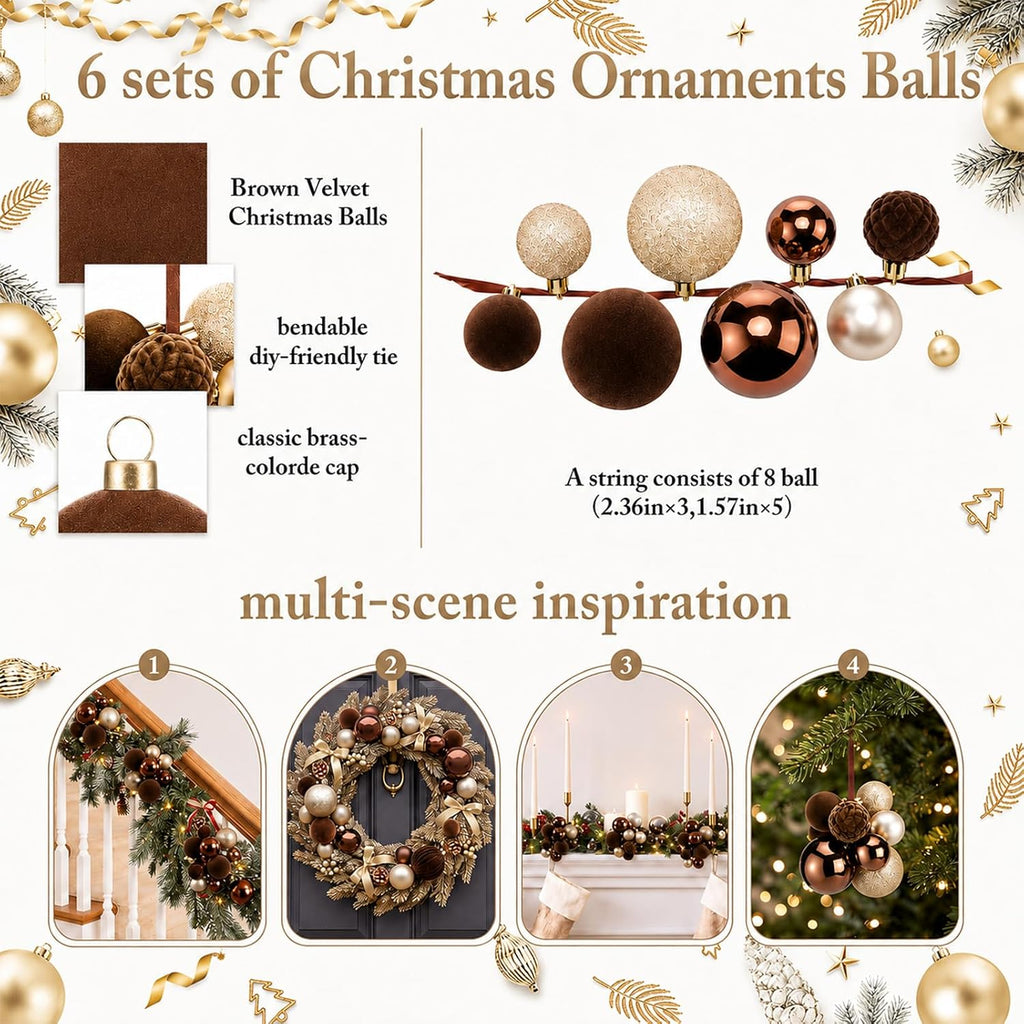 48 Pcs Brown Christmas Ball Clusters Ornaments Xmas Tree Decor