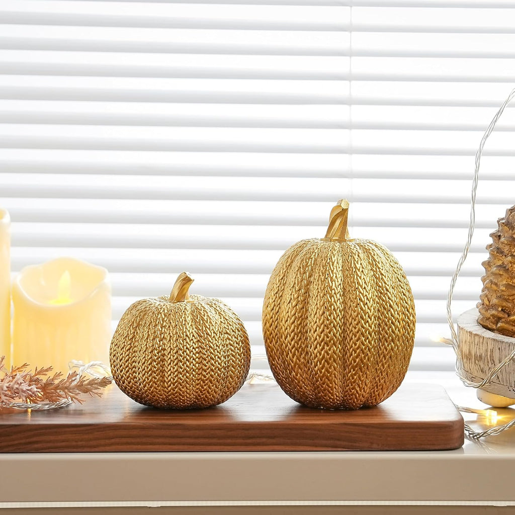 Pumpkin Fall Decor Indoor, Resin Gold Pumpkin for Decorating - Set of 2