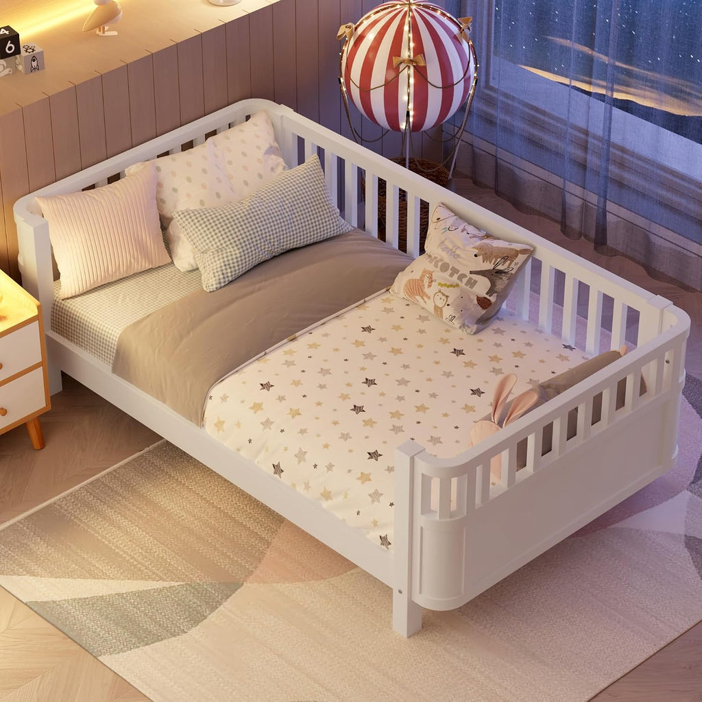 Platform Bed with Fence, Low Bed Frame with Detachable Side Bed Rails, Wooden Montessori Beds for Girls