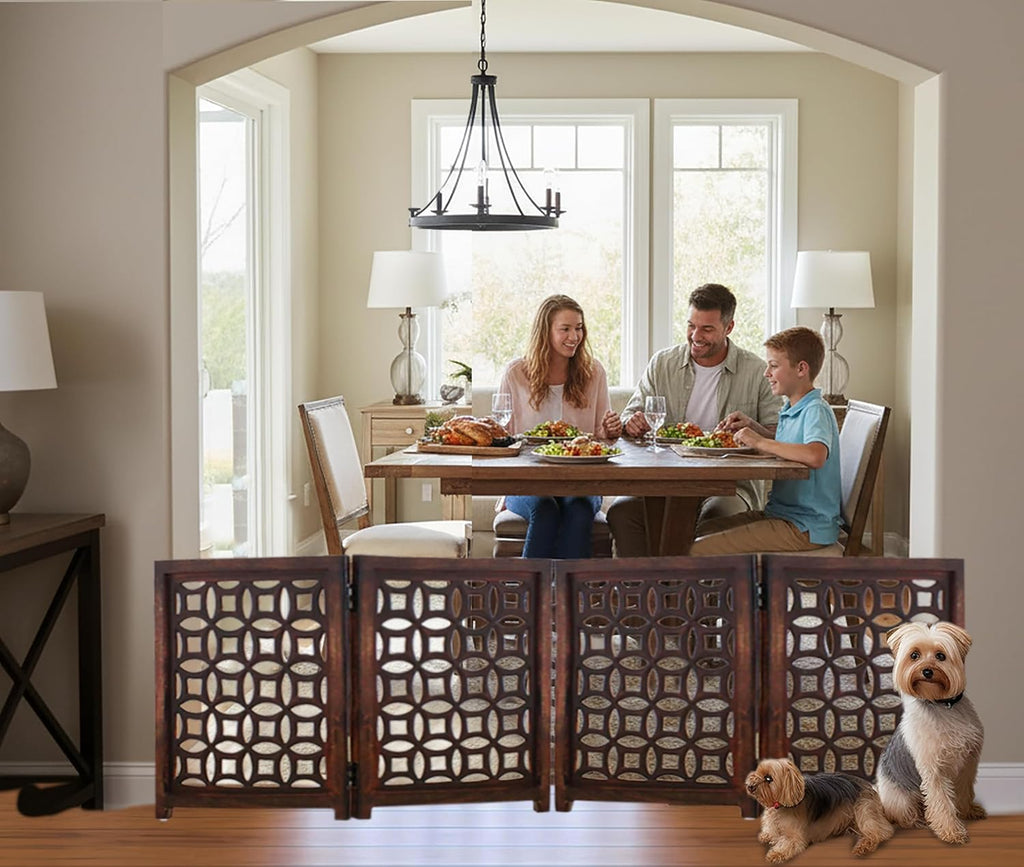 Wooden Foldable Pet Dog Gate - Hand Carved 4-Panel 80 W x 24 H