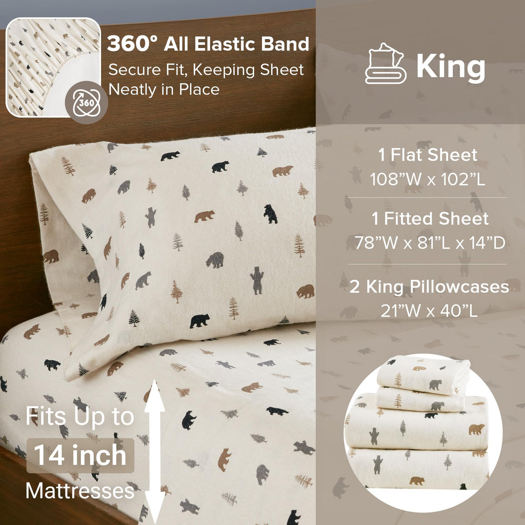 100% Cotton Flannel Sheets King Size Sheet Set, 4 Piece