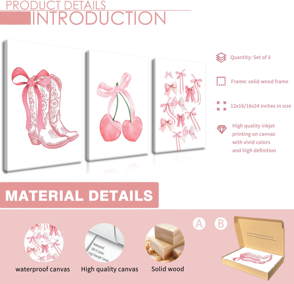 Fashion Pink Bows Wall Art Set of 3, Preppy Watercolor Cherry Cowboy Boots Wall Decor Posters, Cute Aesthetic Room
