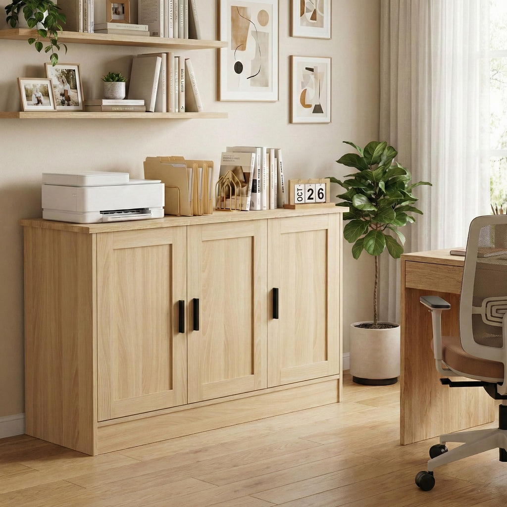 43" Oak Buffet Cabinet with Black Handles, Small Kitchen Sideboard with 3 Doors & Adjustable Shelves, Modern Entryway