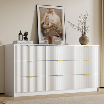 9 Drawer White Dresser, 63" Modern Fluted Dresser with Gold Handles and Smooth Slides, Wide Chest of Drawers for